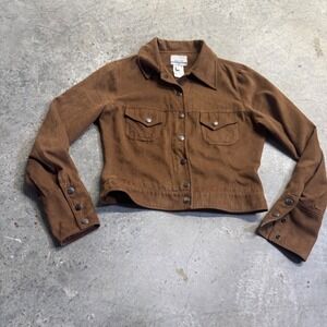 Biscote VTG Y2k Snap Button Suede Brown Crop Shacket Sz 2 Western Indie Retro